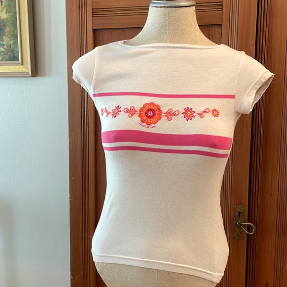 Y2K Limited Too white pink orange floral top flower cap sleeves girls size 6 / 7 - Picture 9 of 9